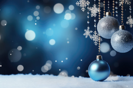 Christmas and New Year decoration with copy space. Christmas balls and baubles on blurred backgroundの素材