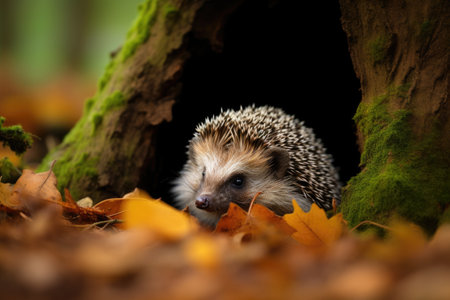 Cute adult hedgehog in summer or autumn forest. Young beautiful hedgehog in natural habitat, outdoors in nature.の素材