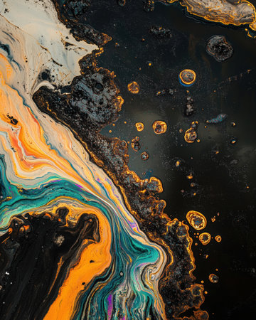 An aerial view showing a river contaminated with oil, displaying vibrant colors and environmental impact.の素材