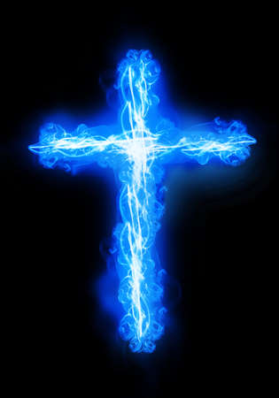 cross burning in a blue fireの写真素材