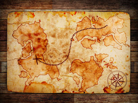 old treasure map on wooden backgroundの写真素材