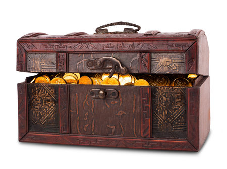 Wooden chest with gold coins 