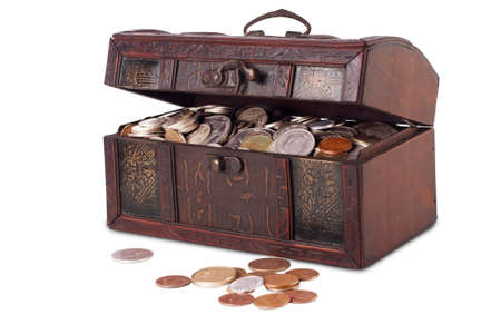 Wooden chest with coins  の写真素材