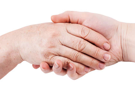 Old and young hand, isolated on whiteの写真素材