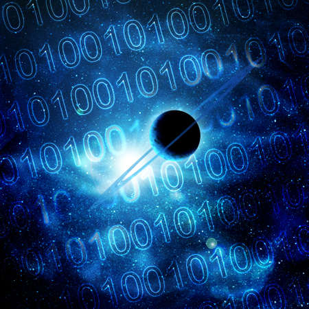 digital planet with rings against the sunの写真素材