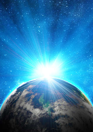 blue earth in space with rising sunの写真素材