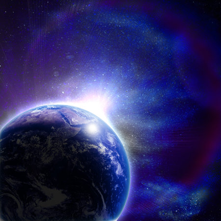 blue earth in space with rising sun