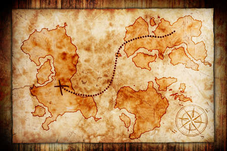 old treasure map, on wooden grunge backgroundの写真素材