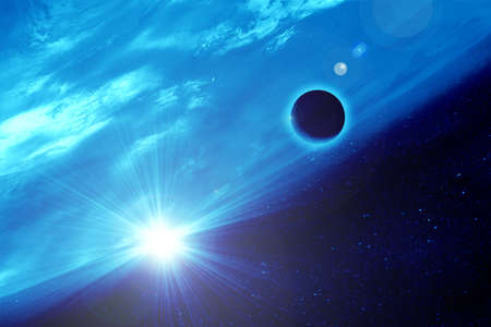 moon against earth in spaceの写真素材