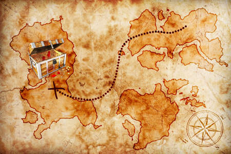 old treasure map with pirate chestの写真素材