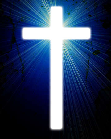 glowing cross on a grunge background, with radial rays of lightの写真素材