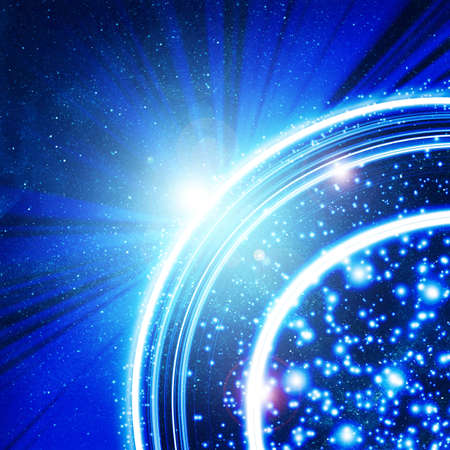 blue background with planet and raysの写真素材