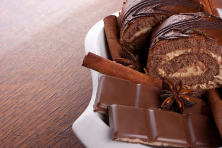 chocolate on the wooden backgroundの写真素材