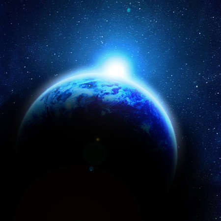 illustration of rising sun over blue earthの写真素材