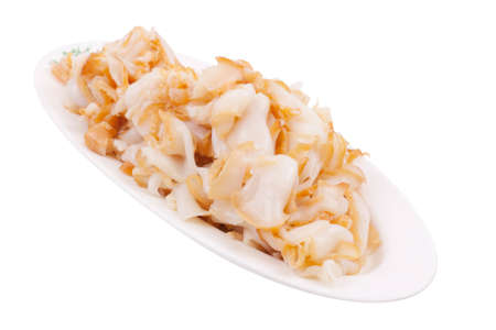 Smoked squid on a plate isolated on a white backgroundの写真素材