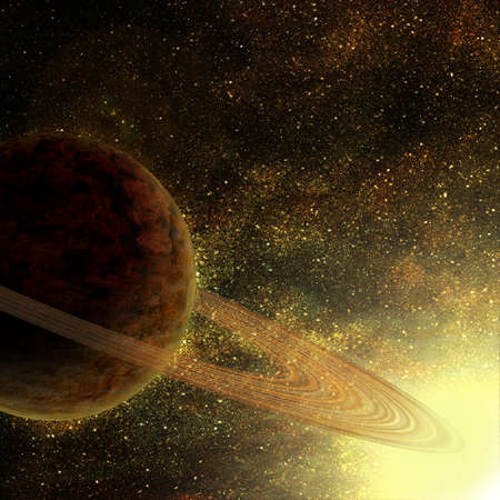 planet with asteroid rings in spaceの写真素材