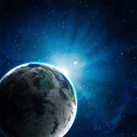 blue earth in space with rising sun