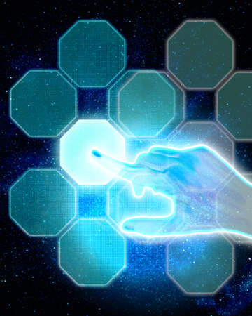 glowing hand pushing the buttonの写真素材