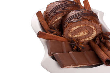 cinnamon and chokolate isolated on a white backgroundの写真素材