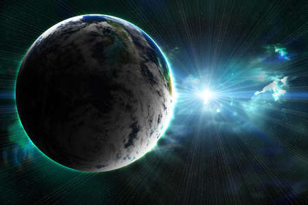 planet with a flash of sun, abstract backgroundの写真素材