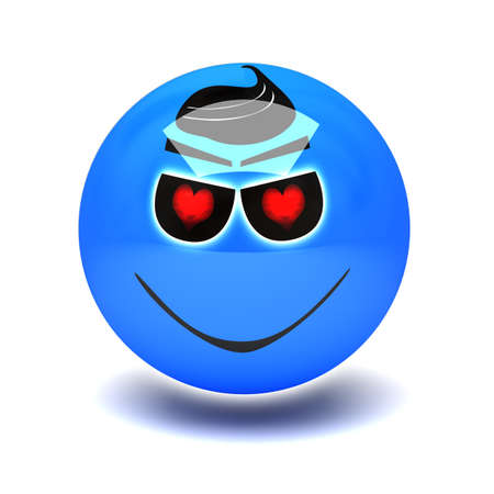 blue smiley in love with red hearts in eyesの写真素材