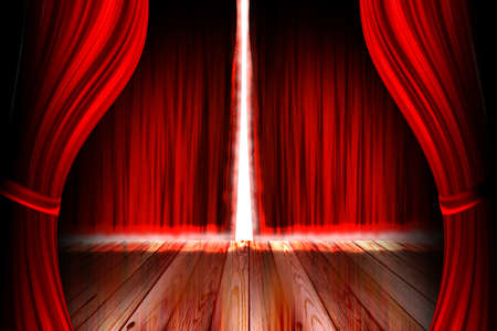 red theater stage with open curtainの写真素材