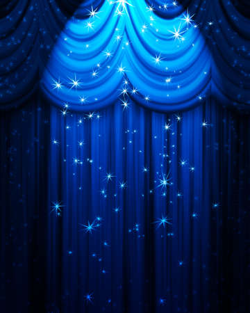 blue theatre curtain with spotlight and starsの写真素材