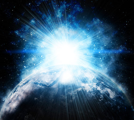 blue earth in space with rising sun