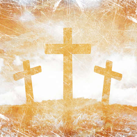 Silhouette of three crosses on a grunge backgroundの写真素材