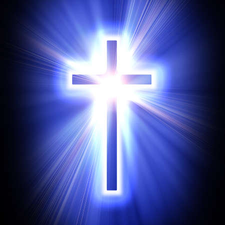 blue cross on a dark black backgroundの写真素材