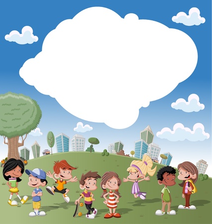 Colorful template for advertising brochure with a group of cute happy cartoon kids playing in green park on the city  のイラスト素材