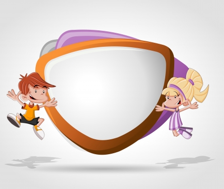 Happy cartoon children jumping in front of white board. Presentation screen. のイラスト素材