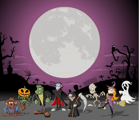 Halloween background with full moon over a cemetery with funny cartoon classic monster characters のイラスト素材