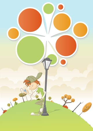 Cool cartoon boy listening music on mp3 player on green park with a balls template   design   のイラスト素材