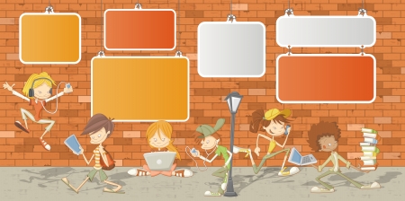 Teenager students in front of orange brick wall のイラスト素材