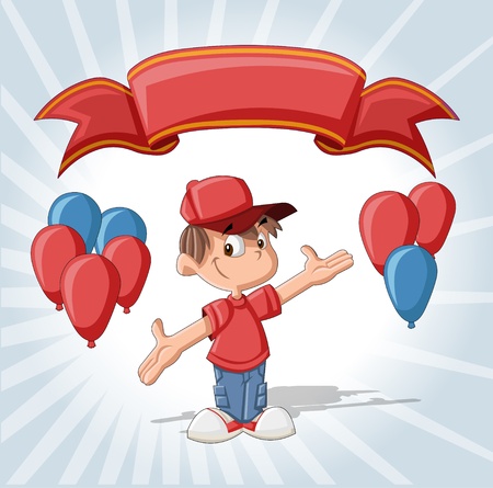 Cute boy on a birthday party with balloons and red ribbon   のイラスト素材