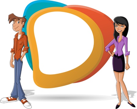 Cartoon business couple and white billboard with empty space  Presentation screen  のイラスト素材
