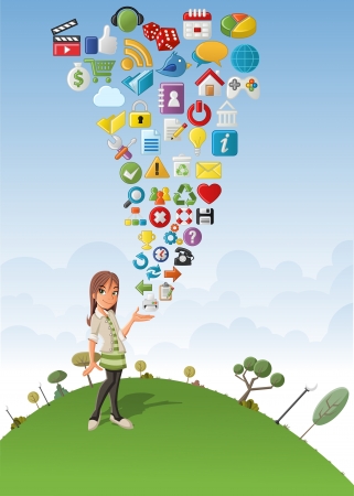 Cute cartoon girl on green park with Internet and Website icons Setのイラスト素材
