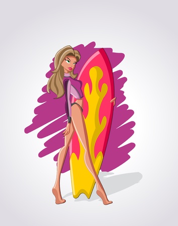Beautiful sexy blonde cartoon surfer girl with a surf boardのイラスト素材