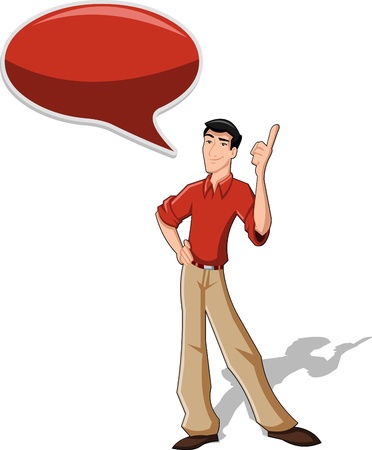 Cartoon man wearing red shirt talking with speech balloonのイラスト素材