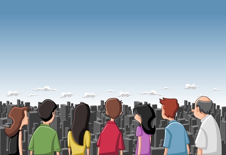 Group cartoon people looking   staring at big cityのイラスト素材