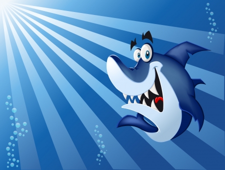 Funny cartoon blue shark swimming in blue oceanのイラスト素材