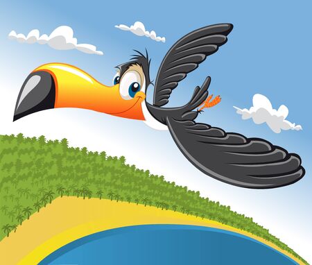Cartoon toucan flying over beach in Brazilのイラスト素材