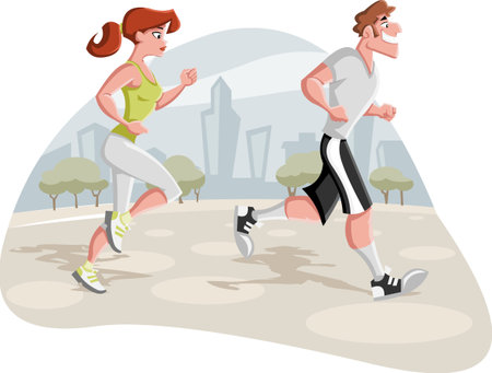 Cartoon couple jogging in the city parkのイラスト素材