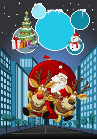 Template with Santa Claus on sleigh with reindeer flying over city on christmas night のイラスト素材