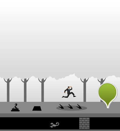 Business man jumping over dangerous obstacles on jungle  Overcoming challenges のイラスト素材