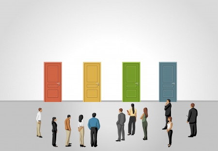 Group of business people choosing the right door  Multiple options のイラスト素材