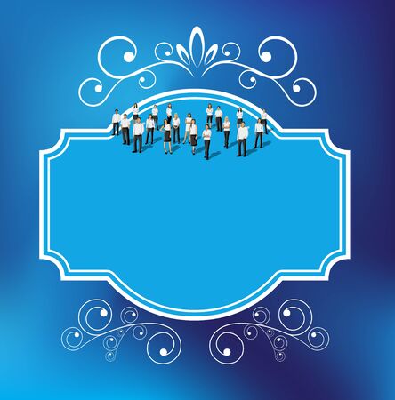 Blue template for advertising brochure with business people  Border design elements for layout  のイラスト素材