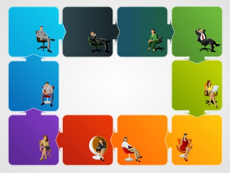 Colorful template for advertising brochure with business people on chairのイラスト素材