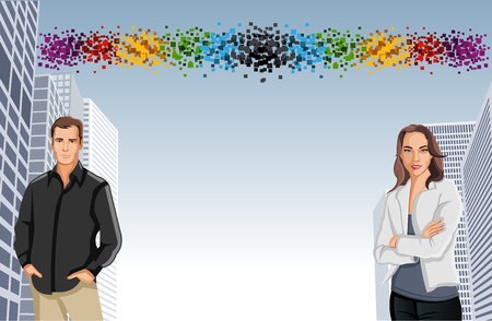 Template for advertising brochure with man and woman in the cityのイラスト素材